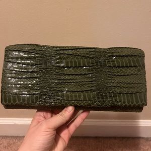 Army green pleated faux leather snakeskin clutch